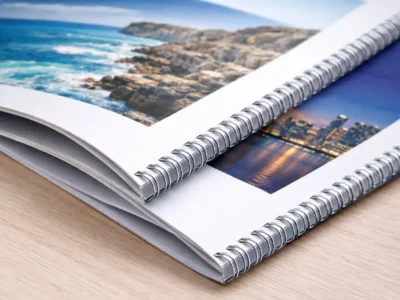 Aufgeschlagener Katalog mit Spiralbindung für Produktpräsentationen
